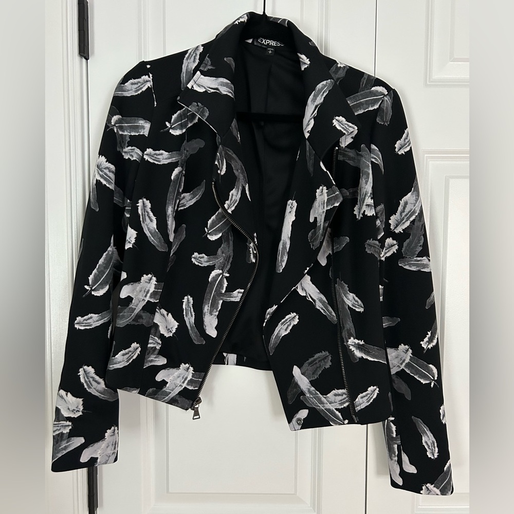 Express Black Feather Cropped Moto Jacket
